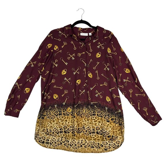 Susan Graver Womens 8 Button Front Long Sleeve Tunic Lock Key Leopard Print Red - Picture 1 of 7